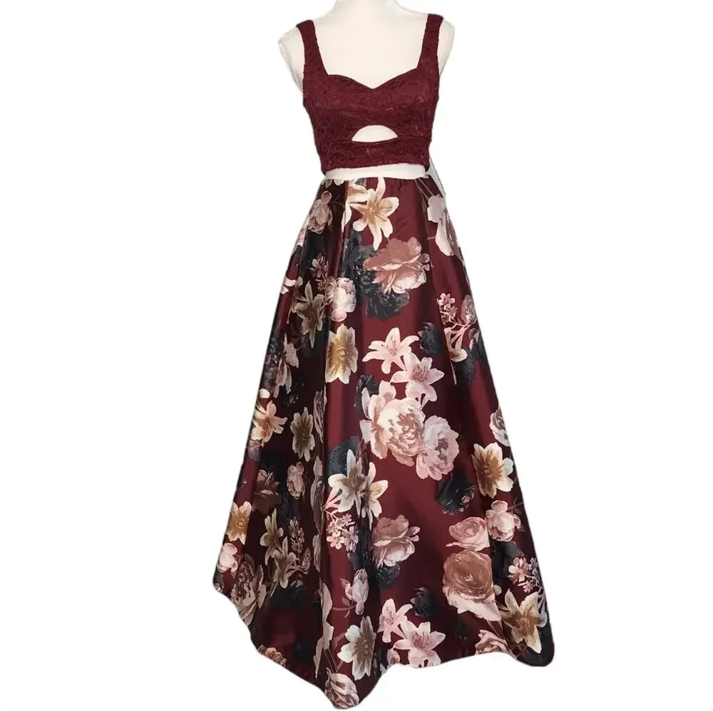 Burgundy Floral 2 Piece Prom Dress Formal Gown Xtraordinary